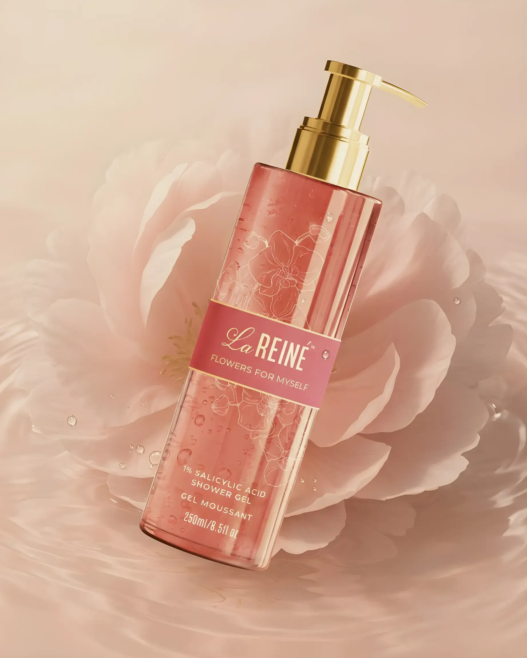 The Flowers for Myself shower gel resting on an open pink peony in water