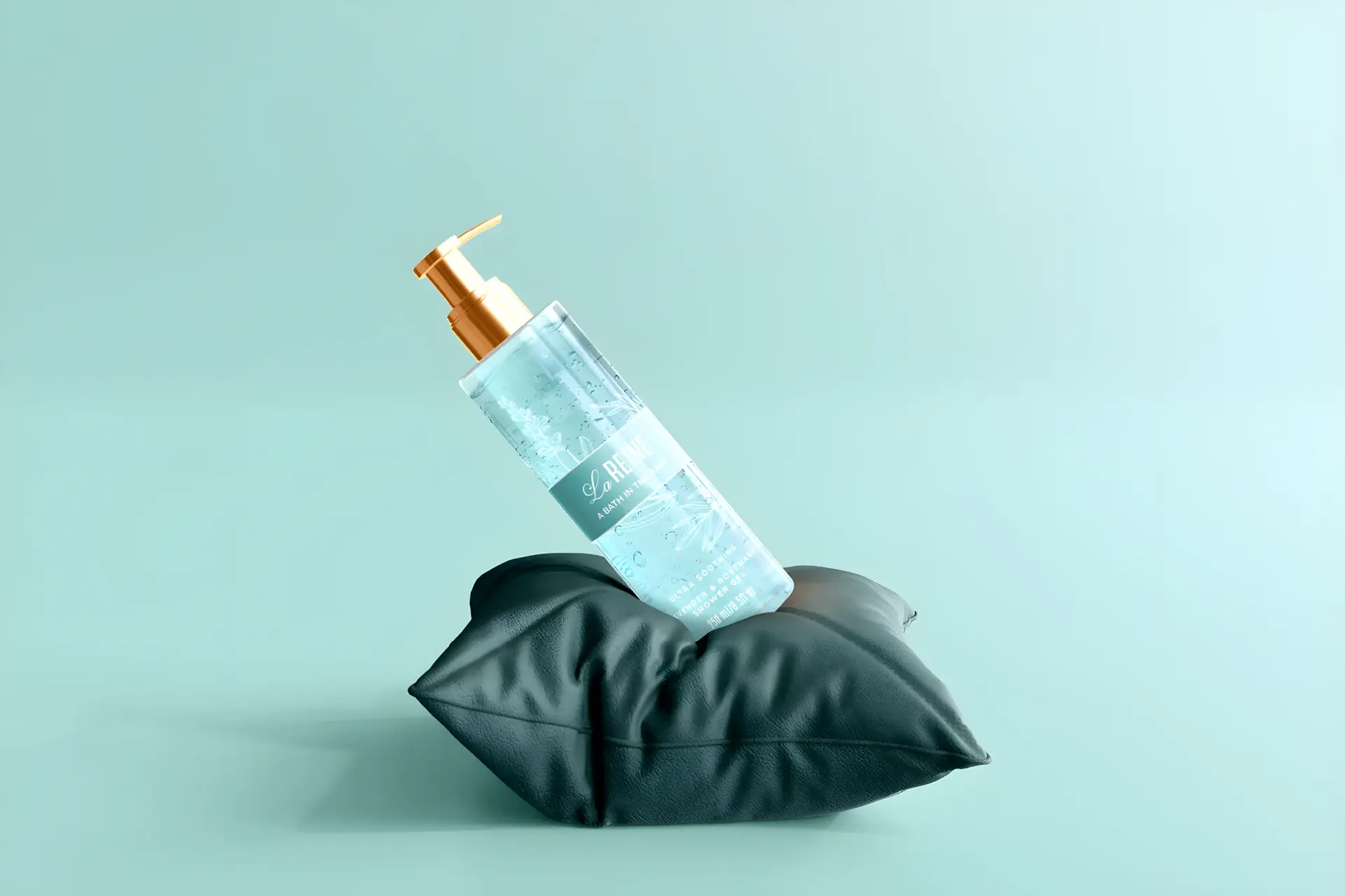 The A Bath in the Rain shower gel resting on a dark green cushion against a soft teal wall